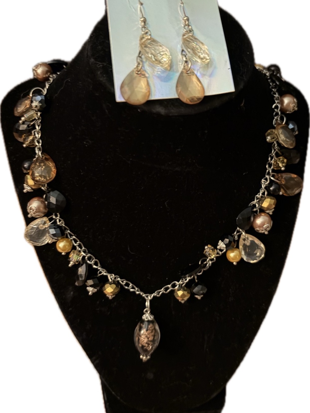 Elegant Brown and Gold Bead Charm Necklace with Matching Earrings